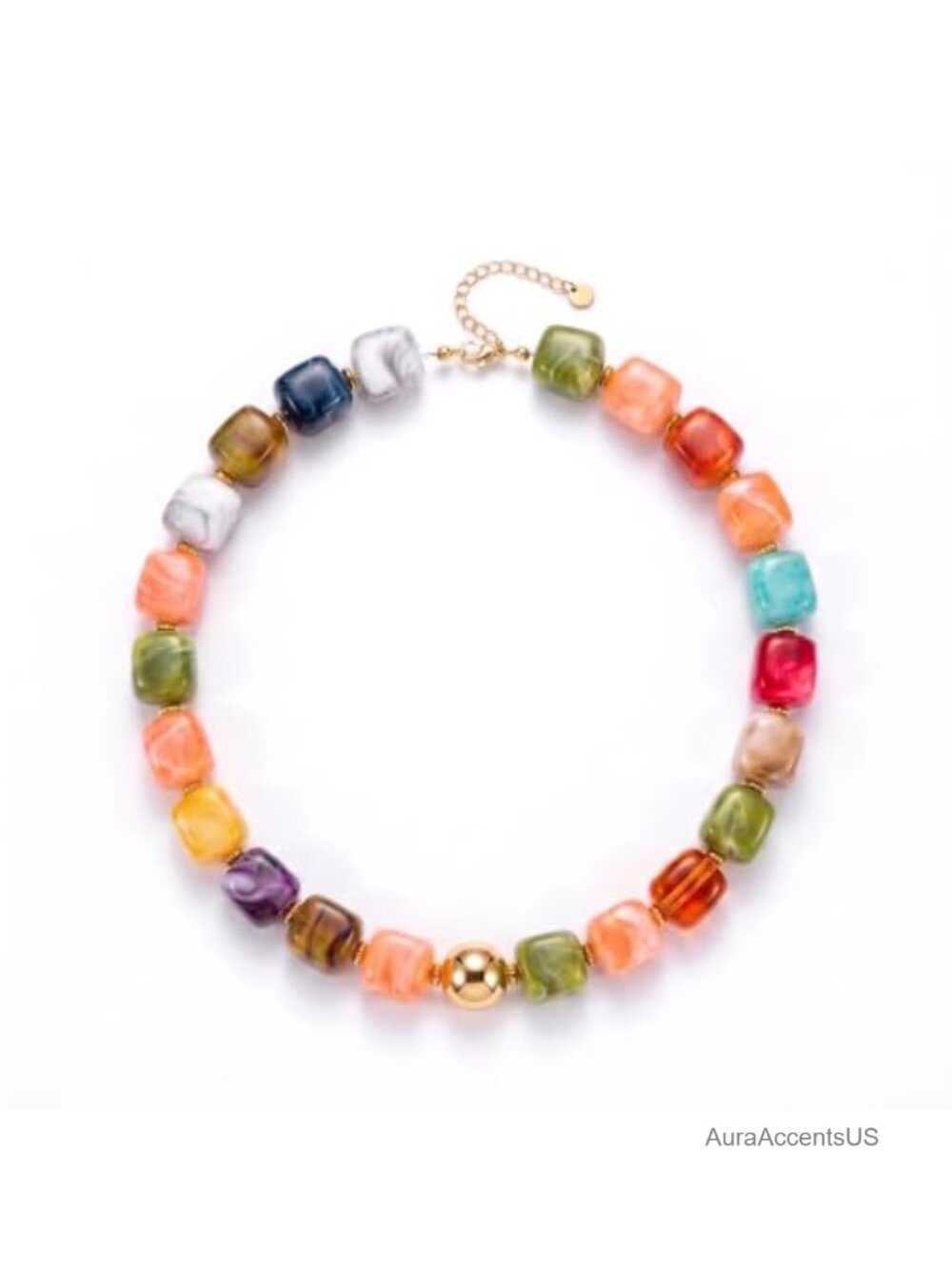 Colorful Chunky Beaded Statement Necklace for Women - Lightweight Resin Boho